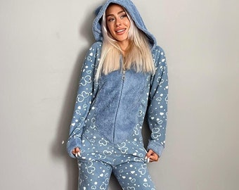 Blue Heart Pattern Women's Fleece One Piece Back Zippered Butt Flap Plush Jumpsuit Onesie Pajamas Set, Soft Cozy Pajamas For Women