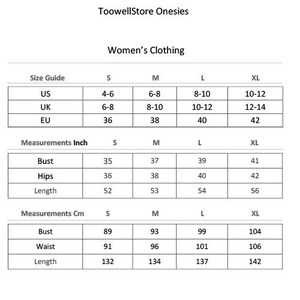 May include: Size chart for women's clothing in US, UK, and EU sizes. Measurements are provided in inches and centimeters for bust, hips, waist, and length.