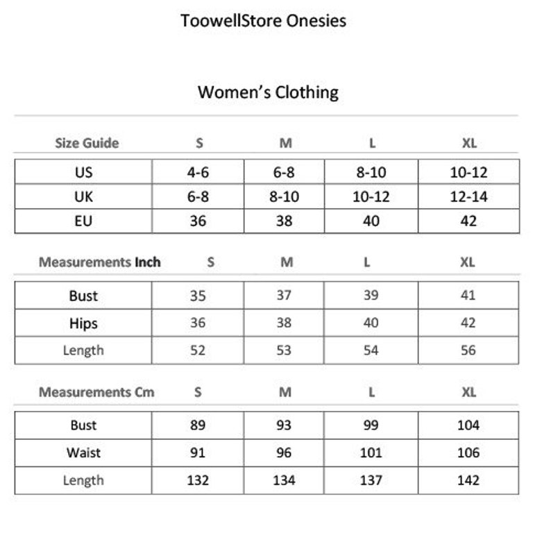 May include: Size chart for women's clothing in US, UK, and EU sizes. Measurements are provided in inches and centimeters for bust, hips, waist, and length.