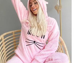 Miau gemusterte Plüsch mit Kapuze Damen Pyjamas Set, Erwachsener Strampelanzug, Fleece Furry Lounge Set Hoodie Pullover Pyjama Set