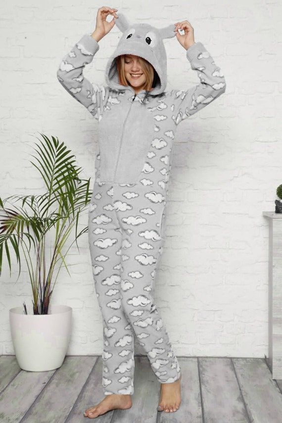 Combinaison pyjama à capuche gris femme