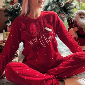 Red New Years Patterned Super Soft Plush Fleece Women&#39;s Pajamas Set, Cozy Lounge Wear, Soft Warm Sleeping Set, Home Wear, Christmas Gift
