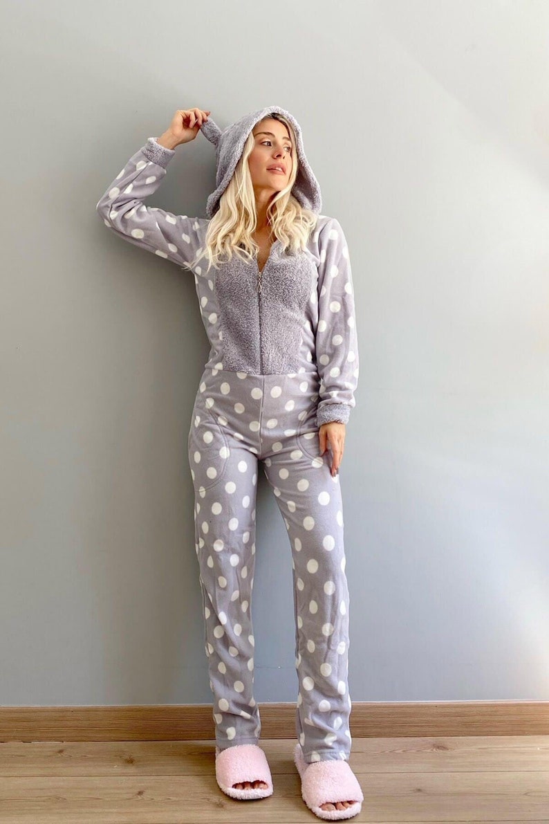 Pink Polka Dot Pattern Hooded Fleece Plush Adult Onesies Women's Jumpsuit Pajamas Set, Adult Hoodie Onesies For Women, Valentines Day Gift image 9