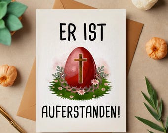 He is risen – Easter card with cross & Easter egg – Christian folding card A6 – blessing card – card with envelope