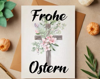 Happy Easter Card – Christian greeting card with cross and flowers – A6 folding card – Easter greeting – blessings – card with envelope