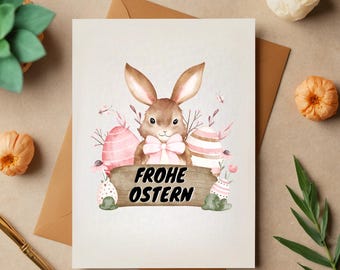 Happy Easter card – A6 folding card with Easter greeting – greeting card with bunny or flowers – Easter greeting – Easter gift – card with envelope