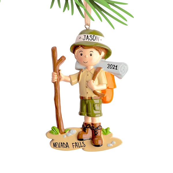 Personalized Hiking Boy Christmas Ornament, Hiker / Trekking Ornament with Walking Stick, Wander-Adventure-Trails-State Park-Hike Xmas Gift