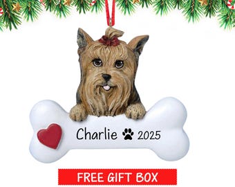 Personalized Yorkie Ornament, Yorkshire Terrier Dog Christmas Ornament with Customized Bone, Custom Pet New Puppy Decor, Gift for Dog Lovers