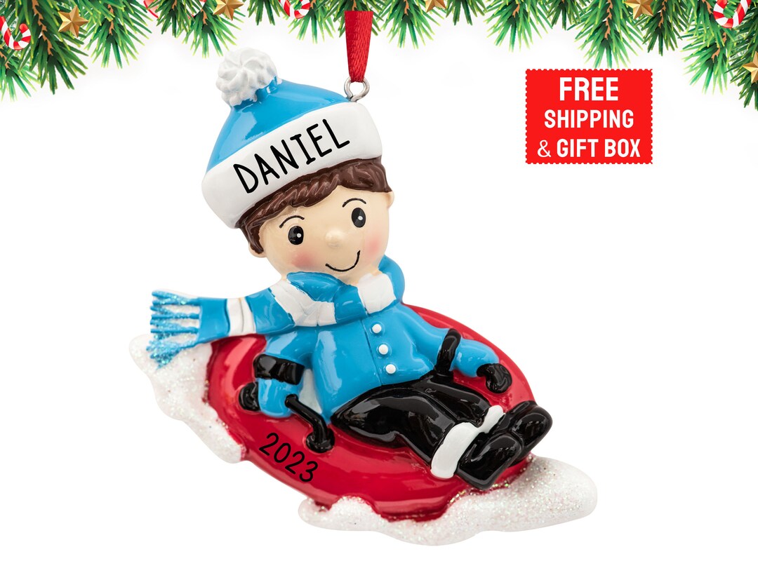 Boy Snow Tubing Ornament 2023, Personalized Sledding Boy Christmas Ornament, Winter Snow Tube