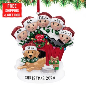 Family of 5 with Dog Ornament 2023, Personalized 5 Family with Puppy House Christmas Ornament, Custom Family Ornament, Family of Five Gift