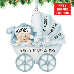 Baby's First Christmas, Personalized Baby Boy in Stroller Christmas Ornament, 1st Baby Ornament, Newborn Birth Stats Ornament,Xmas Gift 2023