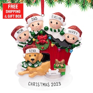 Family of 4 with Dog Ornament 2023, Personalized Family of 4 with Dog House Christmas Ornament, Family of Four with Dog Gift