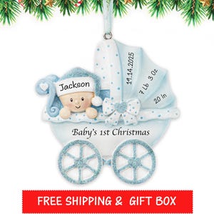 Baby&#39;s First Christmas, Personalized Baby Boy in Stroller Christmas Ornament, 1st Baby Ornament, Newborn Birth Stats Ornament,Xmas Gift 2025