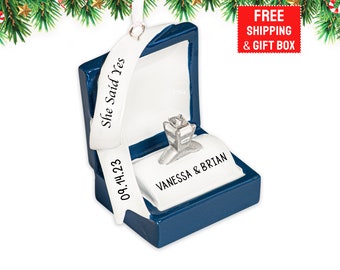 Personalized Engagement Ornament 2023, Engaged Christmas Ornament with Ring, She Said Yes Proposal - Blue Ring Box Ornament Gift for Her