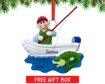 Fisherman Personalized Christmas Ornament 2026 | Gone Fishing, Catching Fish with Rod Xmas Tree Decoration | Custom Name & Year Gift