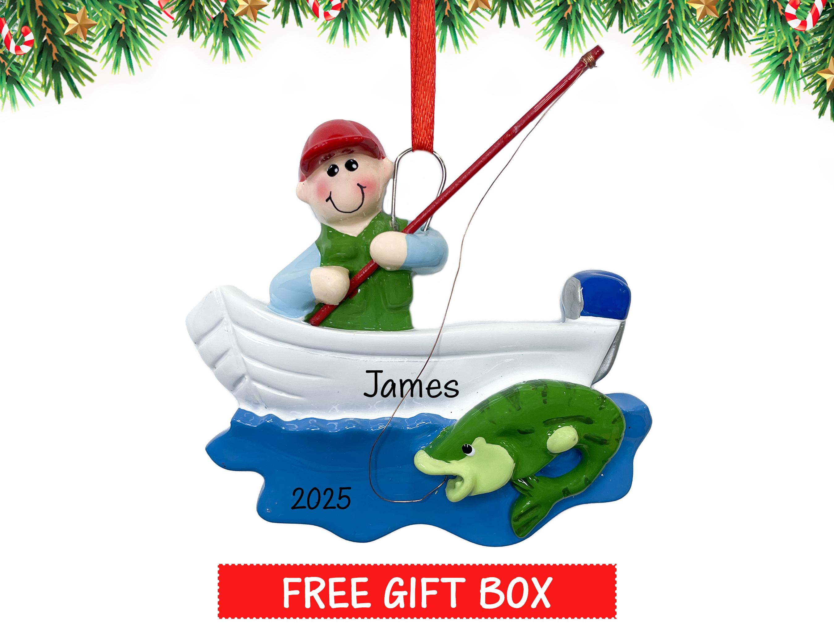 Fisherman Personalized Christmas Ornament 2025 | Gone Fishing, Catching Fish with Rod Xmas Tree Decoration | Custom Name & Year Gift