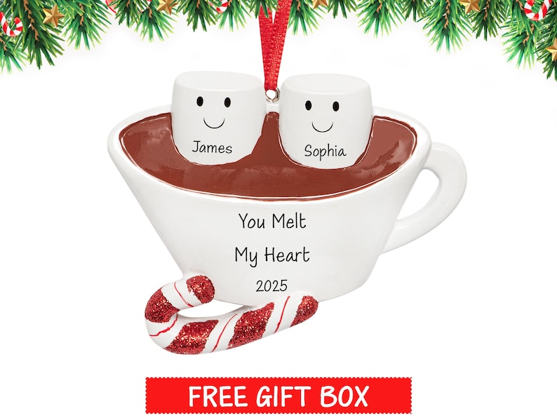 Hot Chocolate Couple Ornament 2026, Personalized Our First Christmas Ornament, Cute Marshmallow-Hot Cocoa Family of 2, 1st Xmas Gift image 1