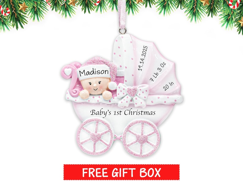 La primera Navidad del bebé 2026, Adorno navideño personalizado para niña con cochecito, Adorno para la primera Navidad, Adorno para recién nacido, Regalo para baby shower imagen 1