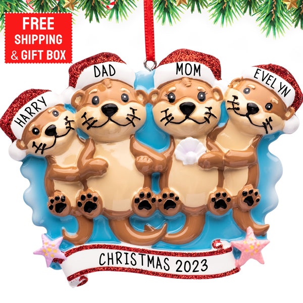 Sea Otter Family of 4 Ornament 2023, Personalized 4 Family Christmas Ornament, First Christmas as Family of 4 Ornament, Family of Four Gift