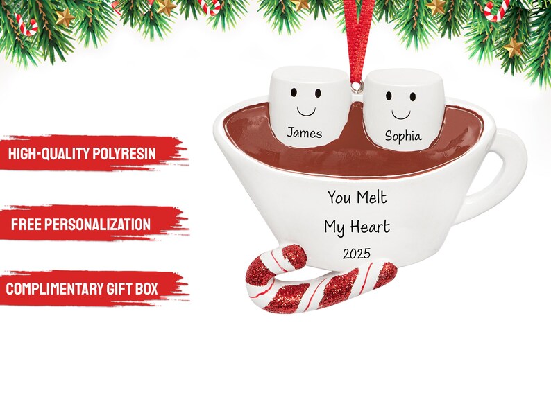 Hot Chocolate Couple Ornament 2026, Personalized Our First Christmas Ornament, Cute Marshmallow-Hot Cocoa Family of 2, 1st Xmas Gift image 4