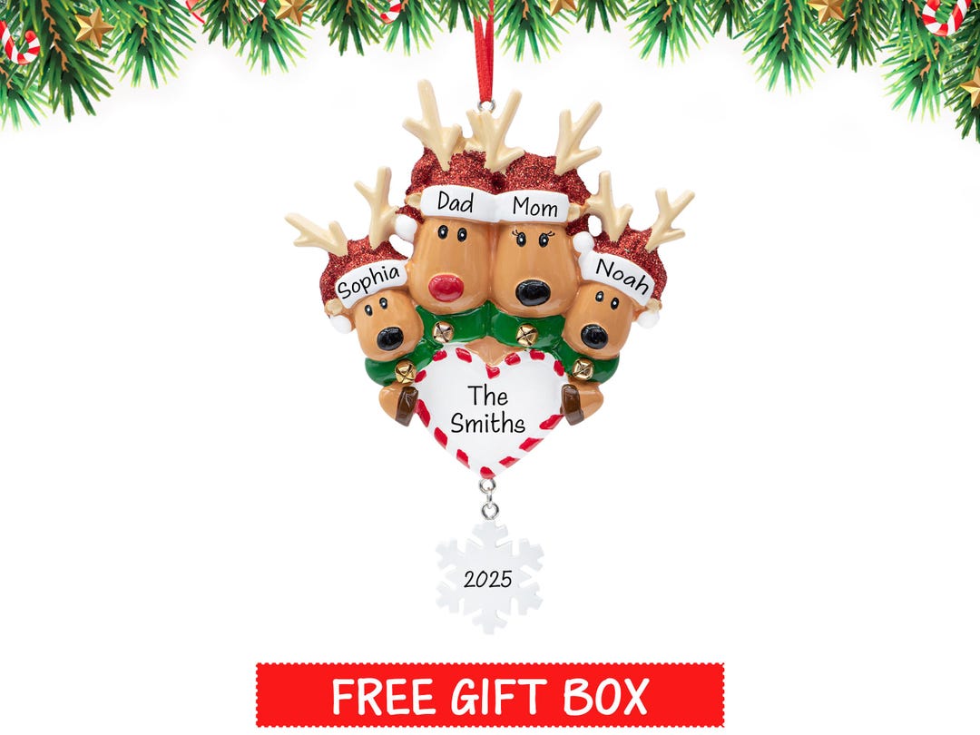 Reindeer Heart Family of 4 Christmas Ornament, Personalized Family ...