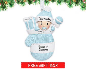 Baby's 1st Christmas Ornament, Baby Boy in Mitten Personalized, Custom Newborn for New Mom Baby Shower Blue Customized Gift