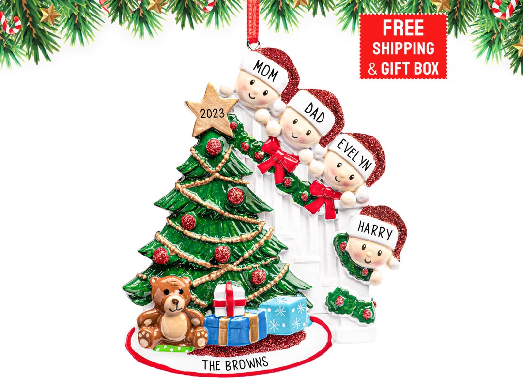 Peeking Family of 4 Ornament 2023, Personalized Family of Four