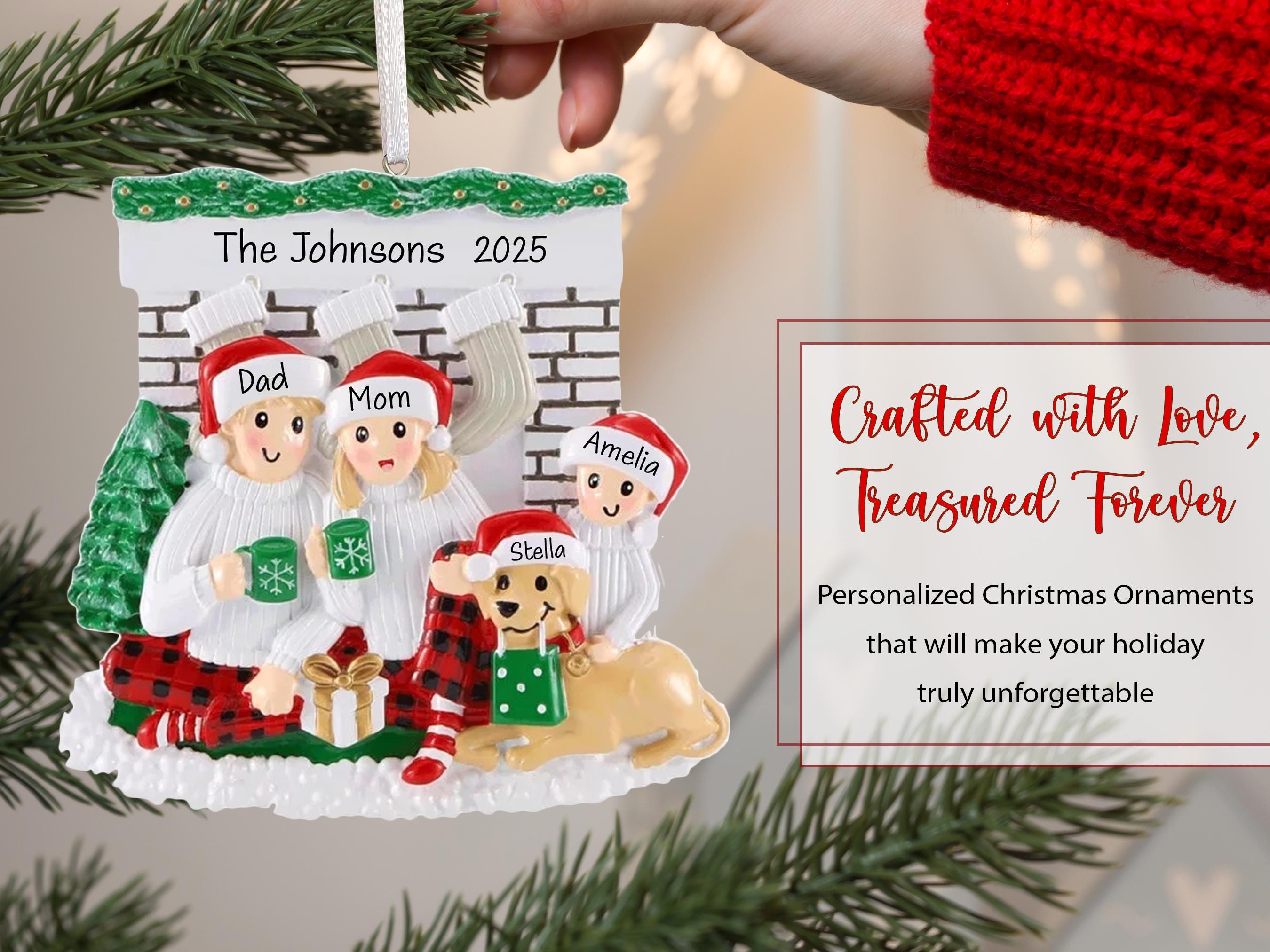 Fireplace Family of 3 With Dog Personalized Christmas Ornament 2026 ...
