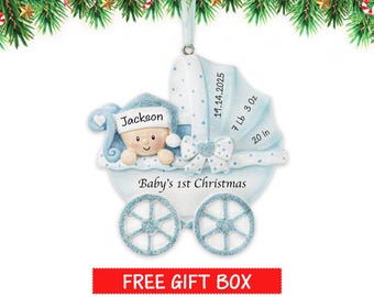 Baby's First Christmas, Personalized Baby Boy in Stroller Christmas Ornament, 1st Baby Ornament, Newborn Birth Stats Ornament,Xmas Gift 2026