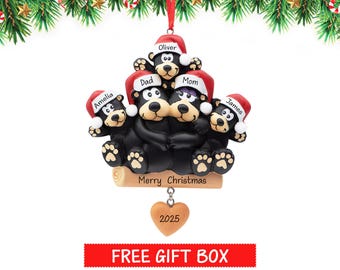 Black Bear Family of 5 Personalized Christmas Ornament, Family Ornament of 5, Family Ornament with Name Gift, Custom Christmas Keepsake