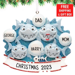 Shark Family of 4 Ornament 2023, Personalized 4 Family Christmas Ornament, Christmas Family of 4 Ornament, Family of Four Gift