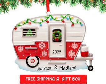 Adorno navideño personalizado para caravana 2026, adorno navideño vintage para caravana o autocaravana, regalo personalizado para vacaciones familiares en furgoneta camper.