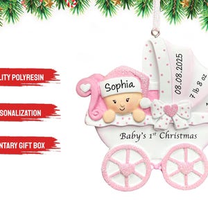 La primera Navidad del bebé 2026, Adorno navideño personalizado para niña con cochecito, Adorno para la primera Navidad, Adorno para recién nacido, Regalo para baby shower imagen 4