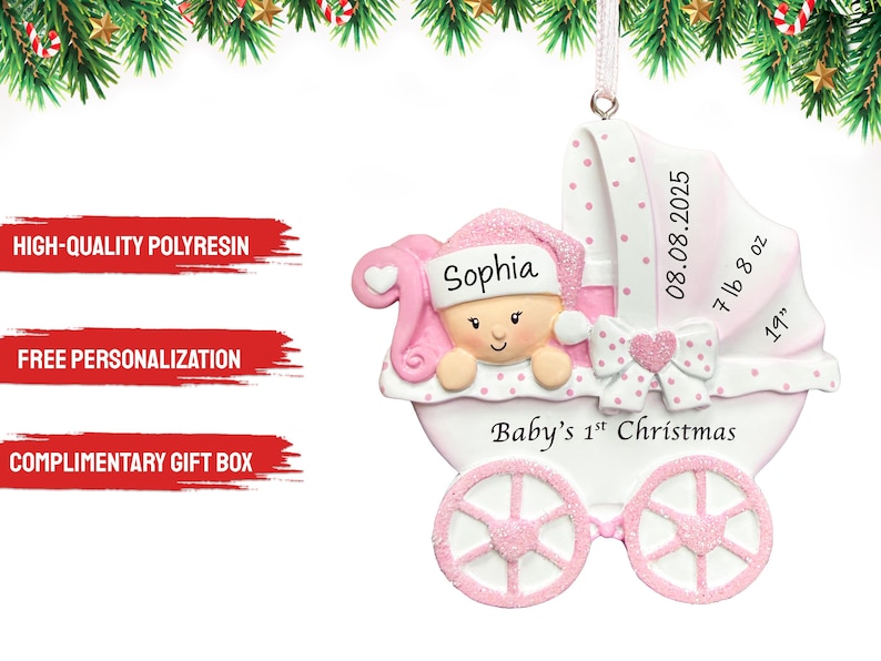 La primera Navidad del bebé 2026, Adorno navideño personalizado para niña con cochecito, Adorno para la primera Navidad, Adorno para recién nacido, Regalo para baby shower imagen 4