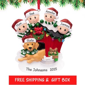 Family of 4 with Dog Ornament 2025, Personalized Family of 4 with Dog House Christmas Ornament, Family of Four with Dog Gift