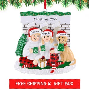 Couple with Dog Personalized Christmas Ornament 2025 | First Xmas with New Puppy Ornament - Custom Fireplace Family of 2 with Dog Gift