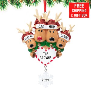 Reindeer Heart Family of 4 Christmas Ornament, Personalized Family Ornament with 4 People Family Gift, Custom-Customized Keepsake 2023