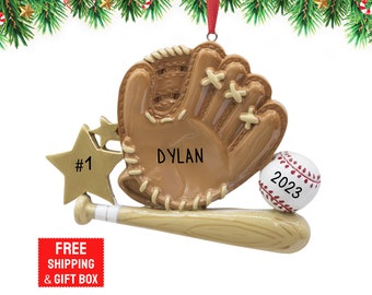 Personalized Baseball Ornament, Baseball Christmas Ornament, Baseball Glove Ornament with Bat & Ball, Customized Gift for 2023