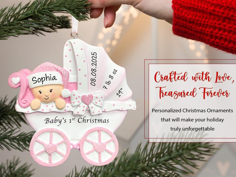 La primera Navidad del bebé 2026, Adorno navideño personalizado para niña con cochecito, Adorno para la primera Navidad, Adorno para recién nacido, Regalo para baby shower imagen 5