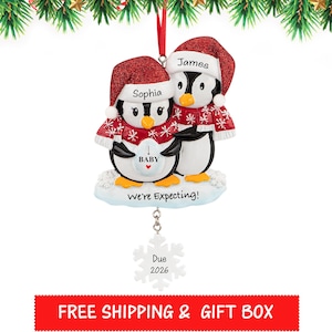 Penguins Expecting Ornament, Pregnant Ornament, Personalized We&#39;re Expecting Christmas Ornament, Expect Mom, Parents to Be, New Baby 2025