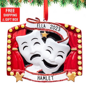 Theater Personalized Christmas Ornament 2023 | White Theater Masks for Xmas Tree - Drama Comedy Tragedy Broadway Show | Custom Name Year