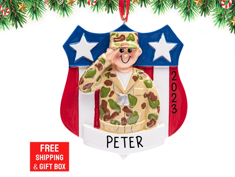 U.S Army Soldier Ornament 2023, Personalized United States Military Camouflage Armed Forces Christmas Ornament, Army Mom Xmas Gift image 1