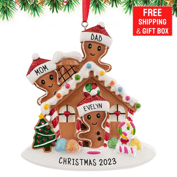 Gingerbread Family of 3 Ornament 2023, Personalized Gingerbread House Family of Three Christmas Ornament, 3 Family Ornament Gift