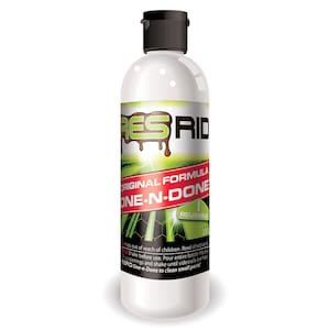 May include: A white plastic bottle with a black cap and a green and black label. The label says "RES-RID ORIGINAL FORMULA ONE-N-DONE REUSABLE".