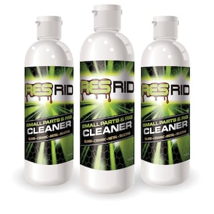 May include: Three white bottles of RESRID Small Parts & Rig Cleaner. The bottles have green and black labels with the text "RESRID" in a dripping font. The labels also say "Small Parts & Rig Cleaner" and list the materials the cleaner is safe for: glass, ceramic, metal, and silicone.