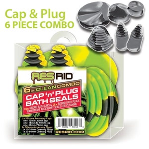May include: A 6-piece bath plug and cap combo set in a clear plastic package. The set includes 3 black and green bath plugs and 3 black and green bath caps. The package has the text "RES RID 6pc CLEAN COMBO CAP 'n' PLUG BATH SEALS 3x RESRID BATH CAPS & 3x RESRID BATH PLUGS WATERTIGHT ACCESSORY SEALS FOR CLEANING" on it. The package also has a barcode and the website "RESRID.COM".