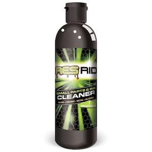 May include: A black bottle of Res Rid Small Parts & Rig Cleaner. The label features green and black geometric designs with the product name in green. The bottle contains 8 fl oz of cleaner and is designed for glass, ceramic, metal, and silicone.