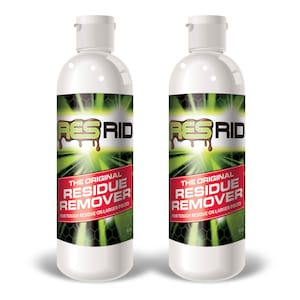 May include: Two white bottles of "RESRID THE ORIGINAL RESIDUE REMOVER" for tough residue on larger pieces. The bottles have a green and black label with the product name in brown dripping letters.