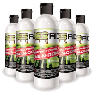 May include: Five white bottles of "Ride's Original Formula One-N-Done" cleaner. The bottles are labeled with green and brown text and have black caps. The bottles are reusable.