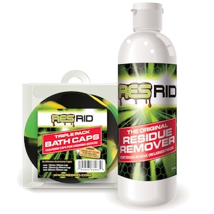 May include: A triple pack of silicone bath caps for cleaning smoking devices, with a green, black, and yellow design. The packaging includes the text "RES RID" and "TRIPLE PACK BATH CAPS". A bottle of residue remover with the text "RES RID" and "THE ORIGINAL RESIDUE REMOVER" is also shown.